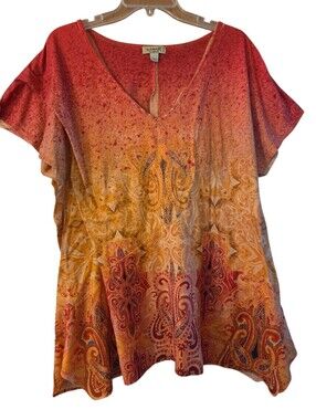 One World Orange Patterned Vneck Tunic Boho 90's Y2K Plus Size 1X